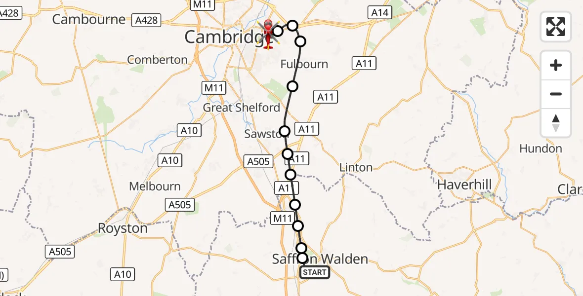 Flight route Air Ambulance Helicopter Saffron Walden - Cambridge City Airport, 15 October 2026, 13:04