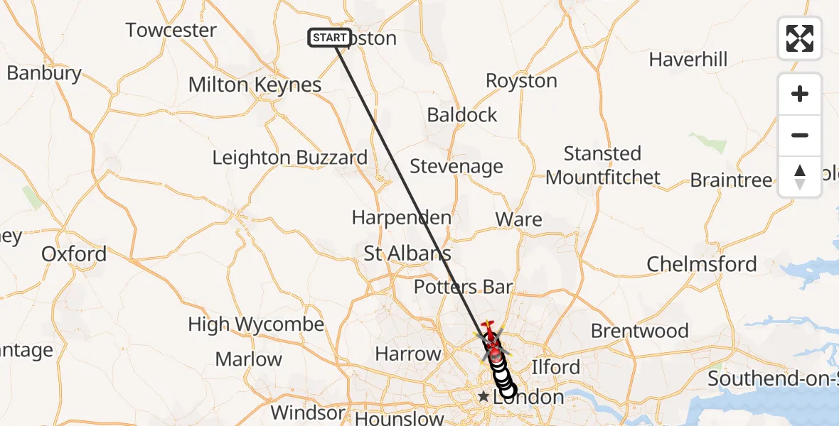 Flight route Air Ambulance Helicopter Stagsden - Haringey, 15 October 2026, 13:06