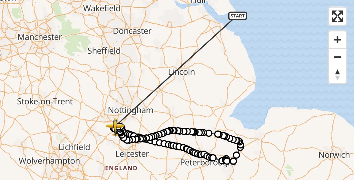 Flight route Police Aircraft Easington - East Midlands Airport, 15 October 2026, 13:11