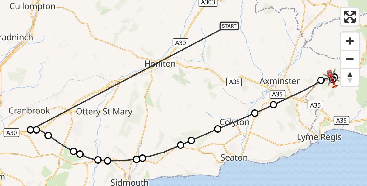 Flight route Air Ambulance Helicopter Stockland - Hawkchurch, 15 October 2026, 13:18