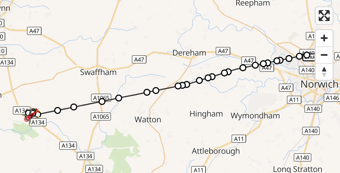 Flight route Air Ambulance Helicopter Norwich Airport - Stoke Ferry, 15 October 2026, 13:32