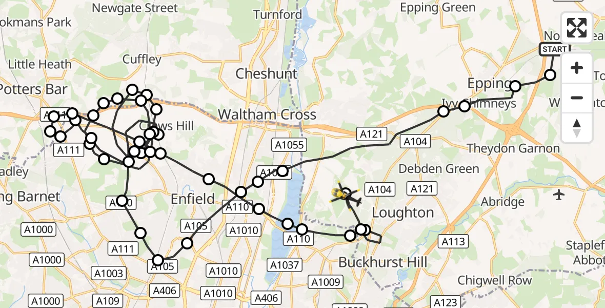 Flight route Police Helicopter North Weald Airfield - Metropolitan Police Air Support Unit Lippitts Hill, 15 October 2026, 13:34