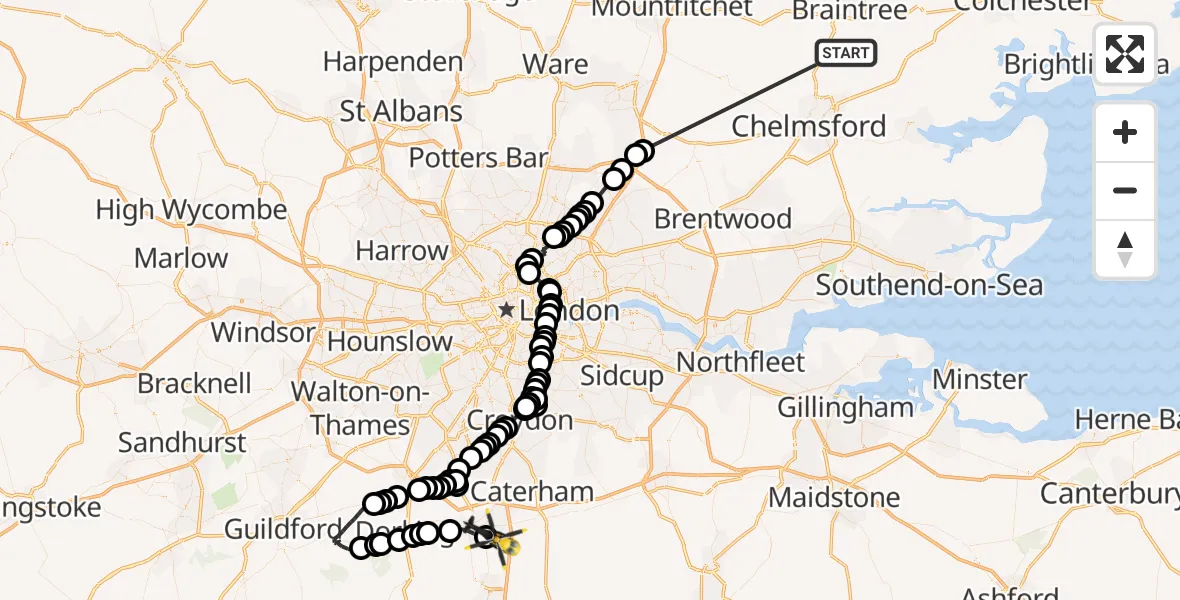 Flight route Police Helicopter Braintree - Redhill, 15 October 2026, 13:34