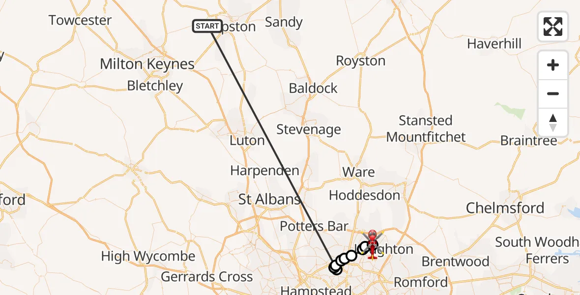 Flight route Air Ambulance Helicopter Stagsden - Metropolitan Police Air Support Unit Lippitts Hill, 15 October 2026, 13:35