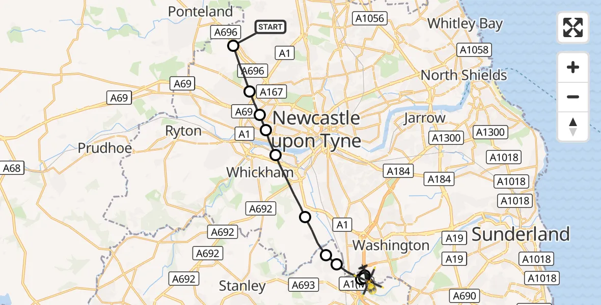Flight route Police Helicopter Newcastle International Airport - South Pelaw, 15 October 2026, 13:35