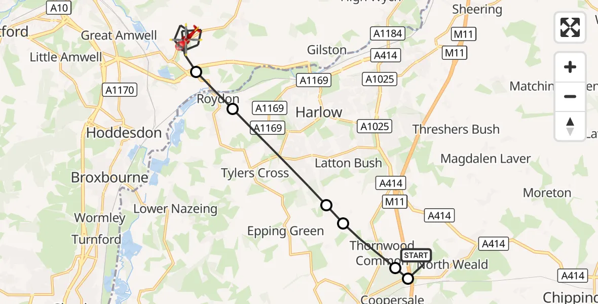 Flight route Air Ambulance Helicopter North Weald Airfield - Stanstead Abbots, 15 October 2026, 13:41