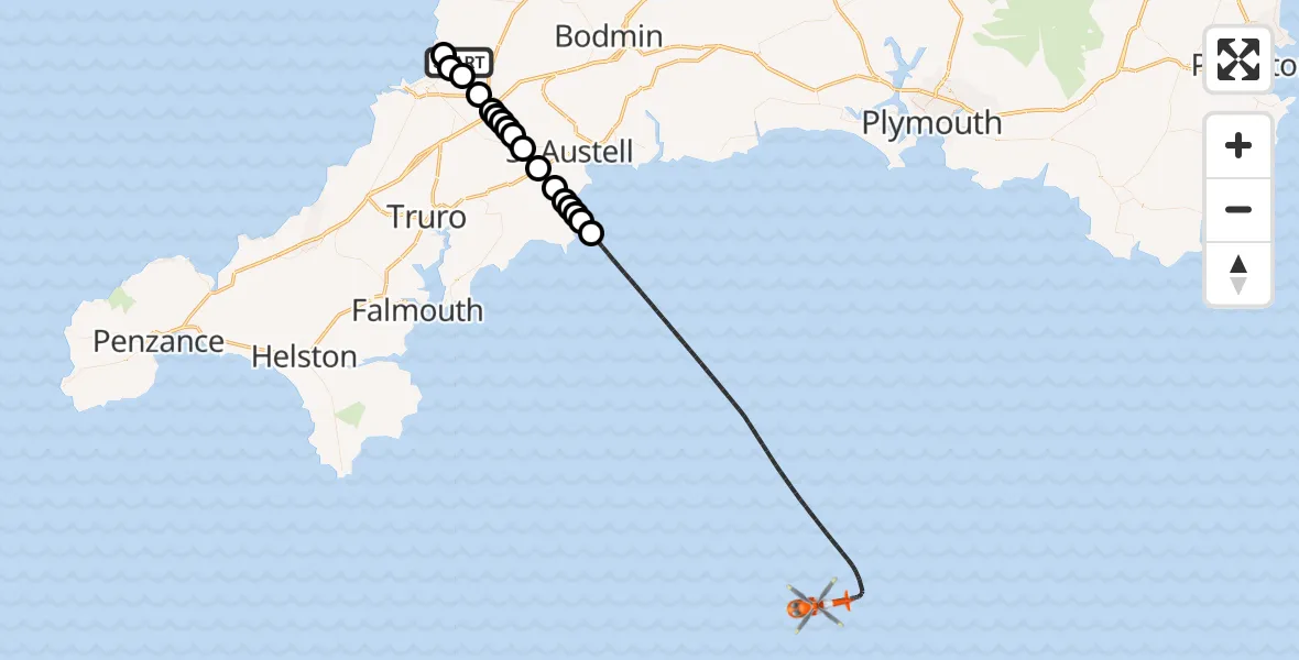 Flight route Coastguard Helicopter Cornwall Airport Newquay - English Channel, 15 October 2026, 13:42