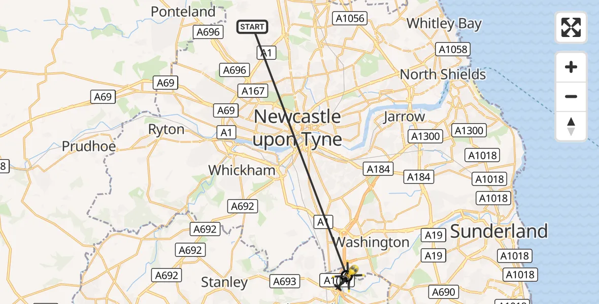 Flight route Police Helicopter Newcastle International Airport - South Pelaw, 15 October 2026, 13:44