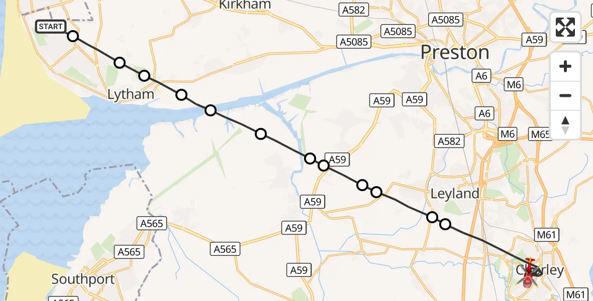Flight route Air Ambulance Helicopter Blackpool Airport - Chorley, 15 October 2026, 13:46