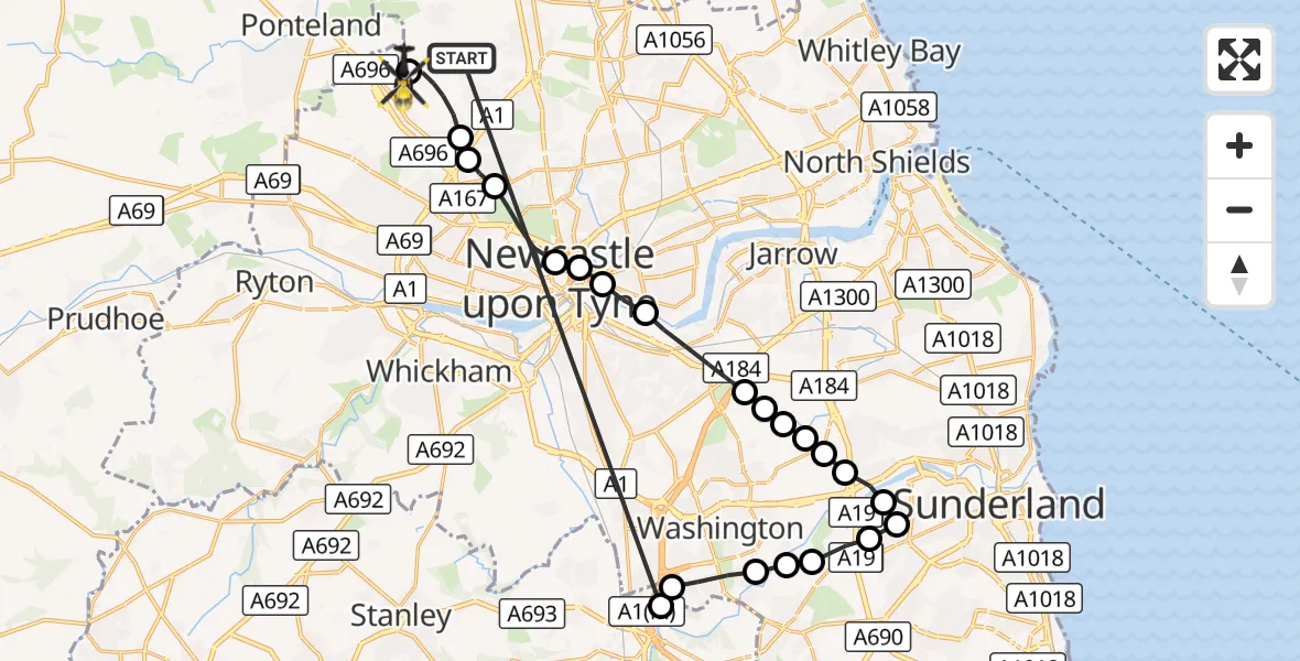 Flight route Police Helicopter Newcastle International Airport - Newcastle International Airport, 15 October 2026, 13:51
