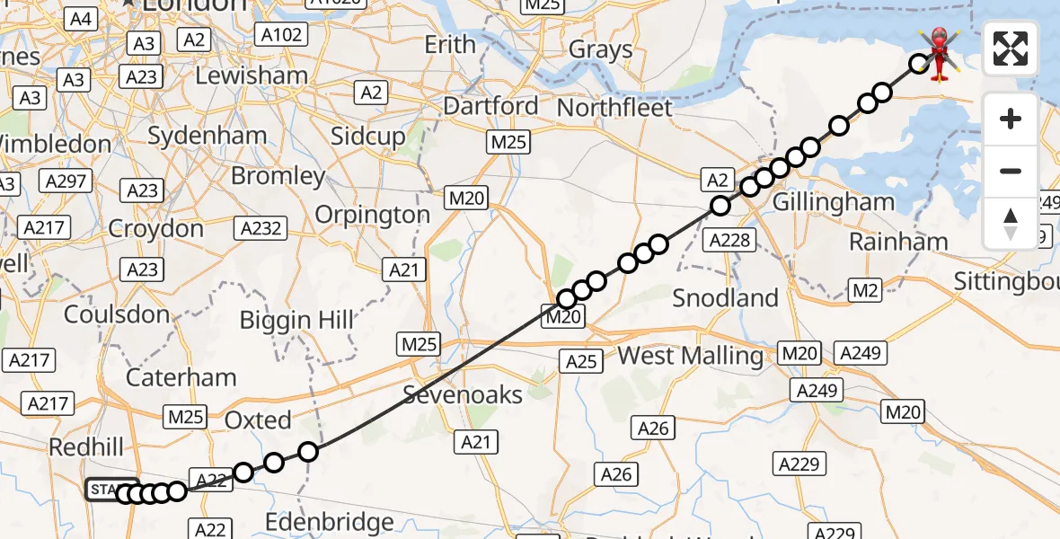 Flight route Air Ambulance Helicopter Redhill Aerodrome - Allhallows, 15 October 2026, 13:53