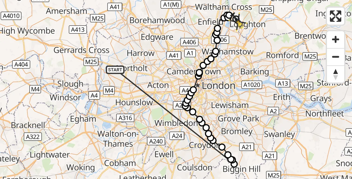Flight route Police Helicopter Hillingdon - Metropolitan Police Air Support Unit Lippitts Hill, 15 October 2026, 13:53