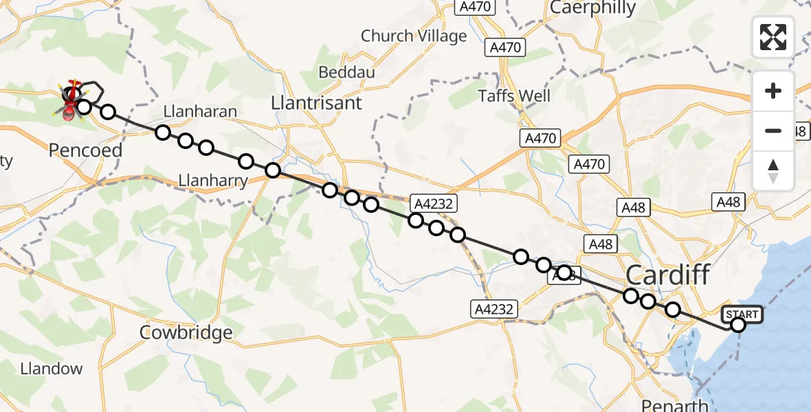 Flight route Air Ambulance Helicopter Cardiff Heliport - Heol-y-cyw, 15 October 2026, 13:59