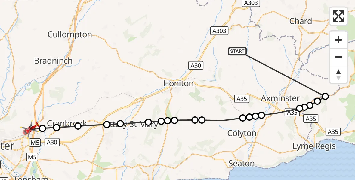 Flight route Air Ambulance Helicopter Stockland - West Clyst, 15 October 2026, 14:07