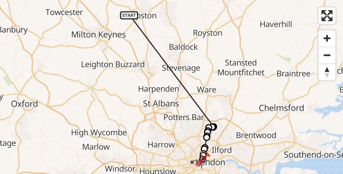 Flight route Air Ambulance Helicopter Stagsden - Royal London Hospital, 15 October 2026, 14:09