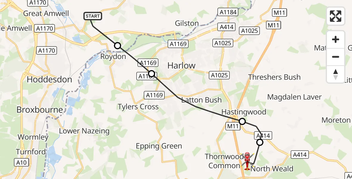 Flight route Air Ambulance Helicopter Stanstead Abbots - North Weald Airfield, 15 October 2026, 14:19