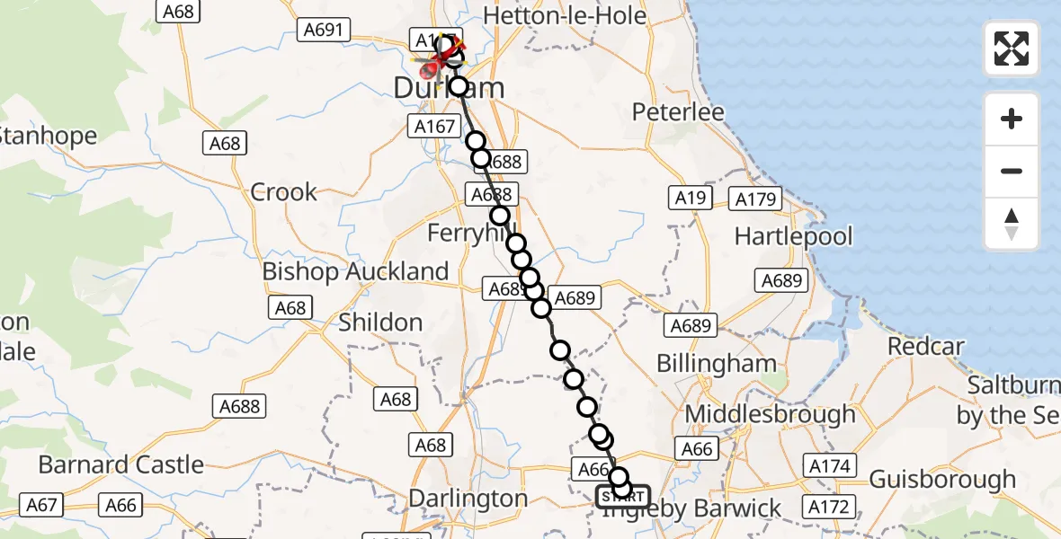 Flight route Air Ambulance Helicopter Longnewton - Pity Me, 15 October 2026, 14:26