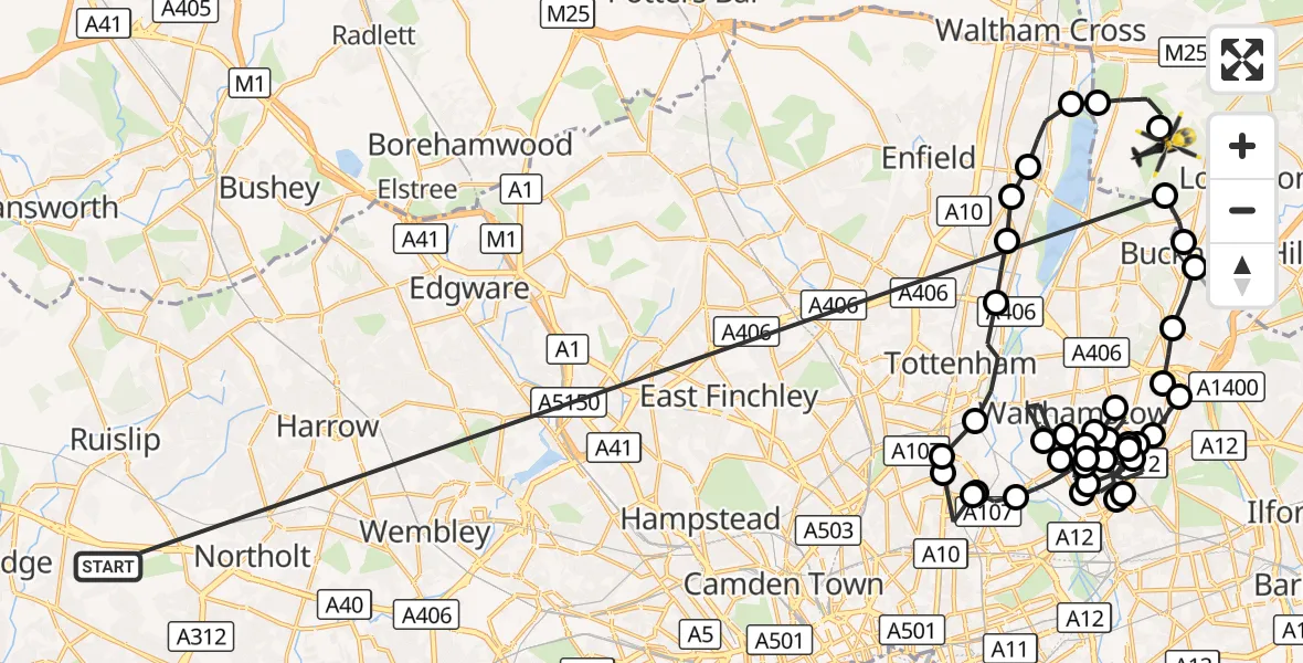 Flight route Police Helicopter Hillingdon - Sewardstonebury, 15 October 2026, 14:34