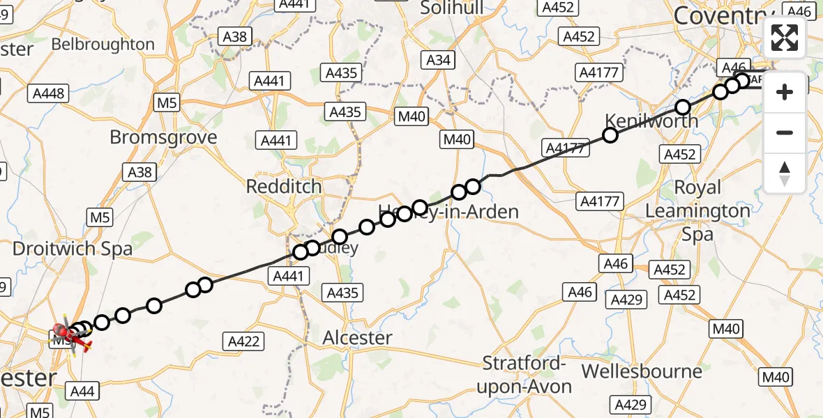 Flight route Air Ambulance Helicopter Coventry Airport - Tibberton, 15 October 2026, 14:41