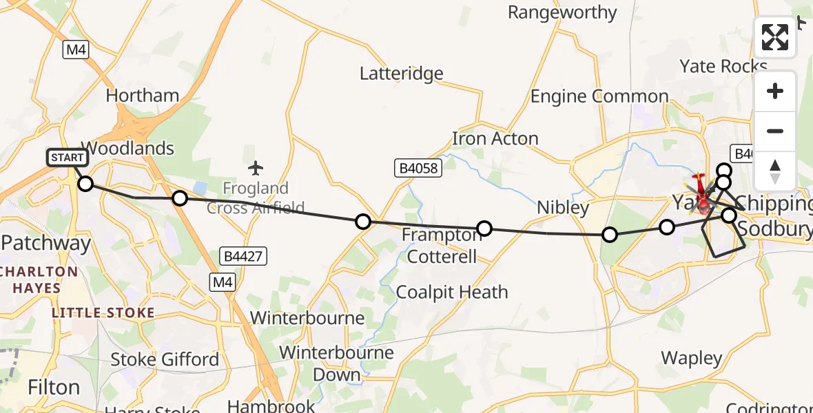 Flight route Air Ambulance Helicopter Patchway - Chipping Sodbury, 15 October 2026, 14:45