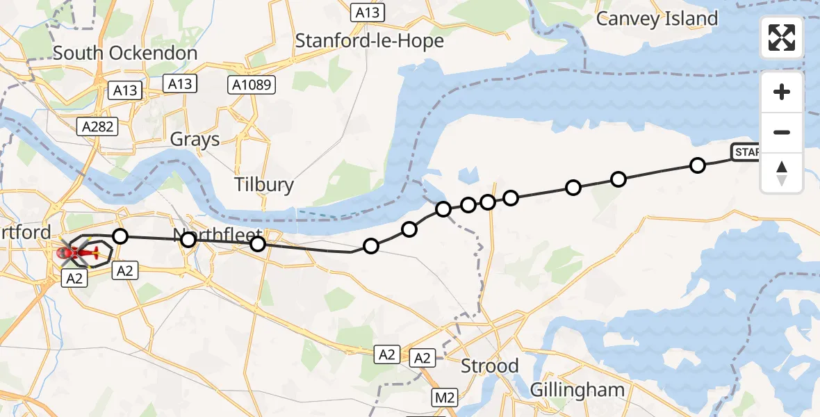 Flight route Air Ambulance Helicopter Allhallows - Dartford, 15 October 2026, 14:47