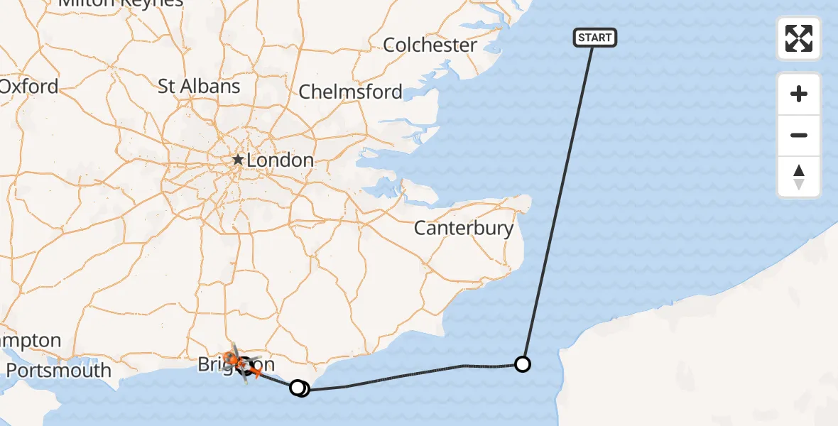 Flight route Coastguard Helicopter North Sea - Brighton, 15 October 2026, 14:51