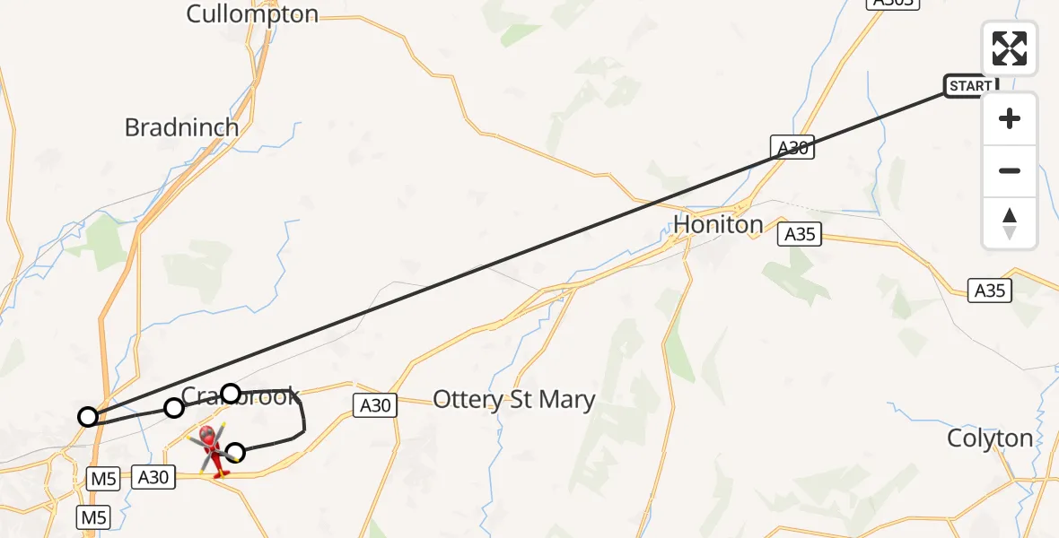 Flight route Air Ambulance Helicopter Stockland - Exeter International Airport, 15 October 2026, 14:52