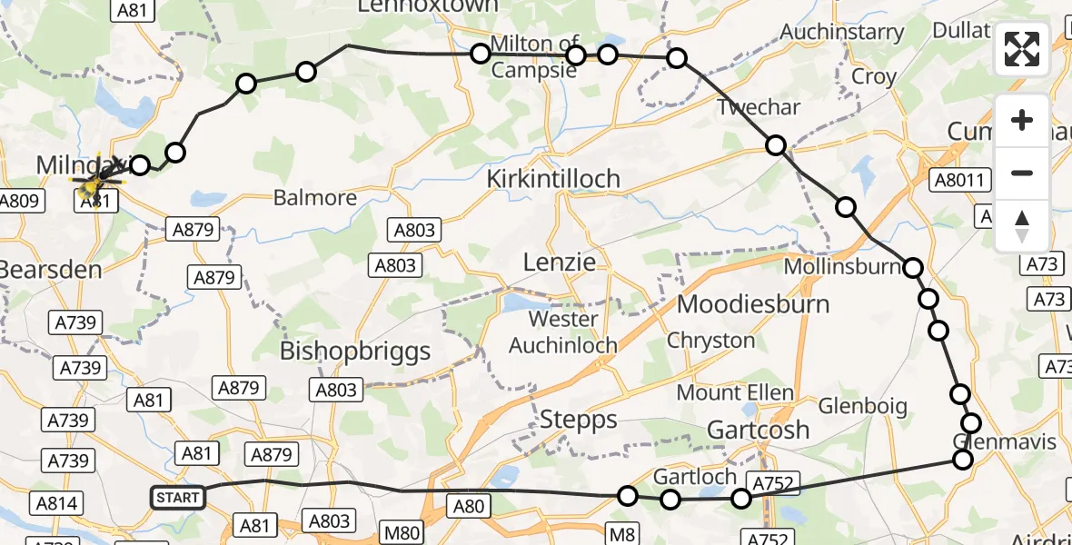 Flight route Police Helicopter Glasgow - Milngavie, 15 October 2026, 14:56