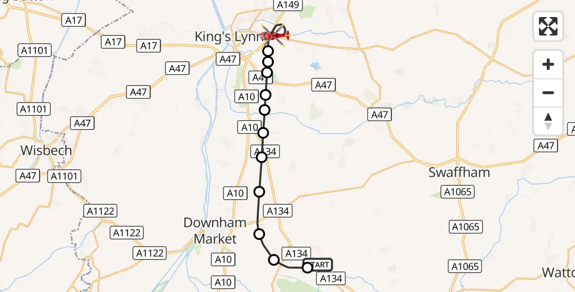Flight route Air Ambulance Helicopter Stoke Ferry - King's Lynn and West Norfolk, 15 October 2026, 14:56