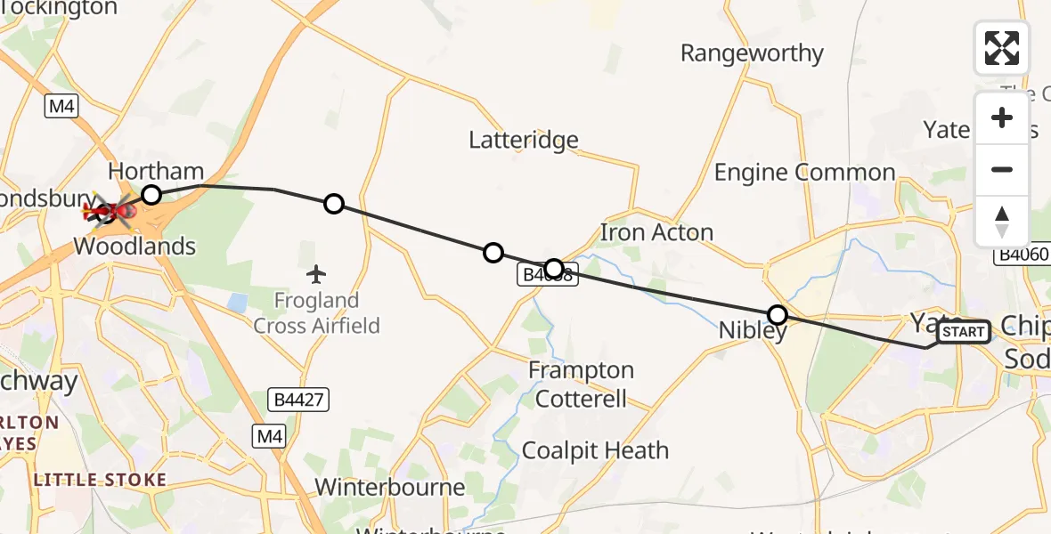 Flight route Air Ambulance Helicopter Yate - Almondsbury Helicopter Base, 15 October 2026, 14:57