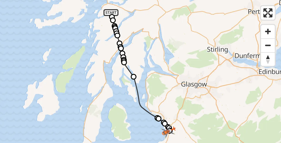 Flight route Coastguard Helicopter Argyll and Bute - Glasgow Prestwick Airport, 15 October 2026, 14:57