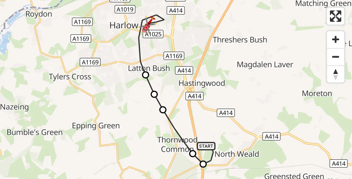 Flight route Air Ambulance Helicopter North Weald Airfield - Harlow, 15 October 2026, 14:57