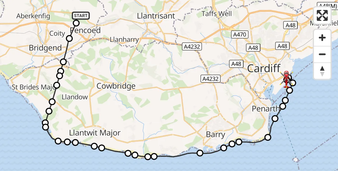 Flight route Air Ambulance Helicopter Heol-y-cyw - Cardiff Heliport, 15 October 2026, 15:07
