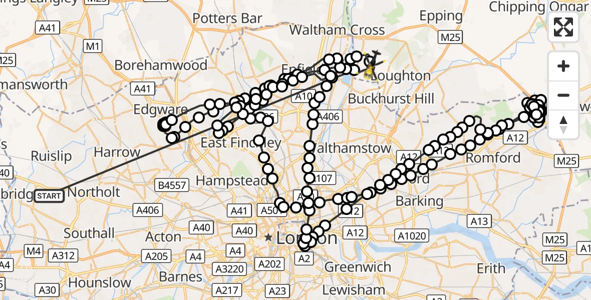 Flight route Police Helicopter Hillingdon - Sewardstonebury, 15 October 2026, 15:09