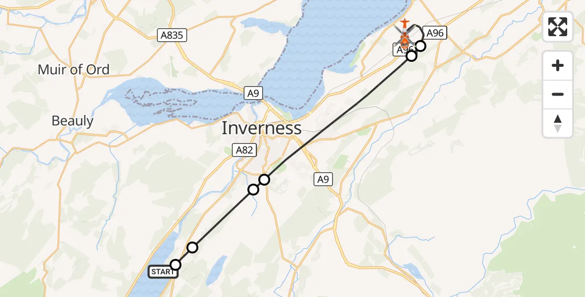 Flight route Coastguard Helicopter Loch Ness - Inverness Airport, 15 October 2026, 15:12