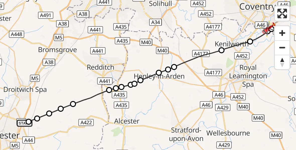 Flight route Air Ambulance Helicopter Tibberton - Coventry Airport, 15 October 2026, 15:23