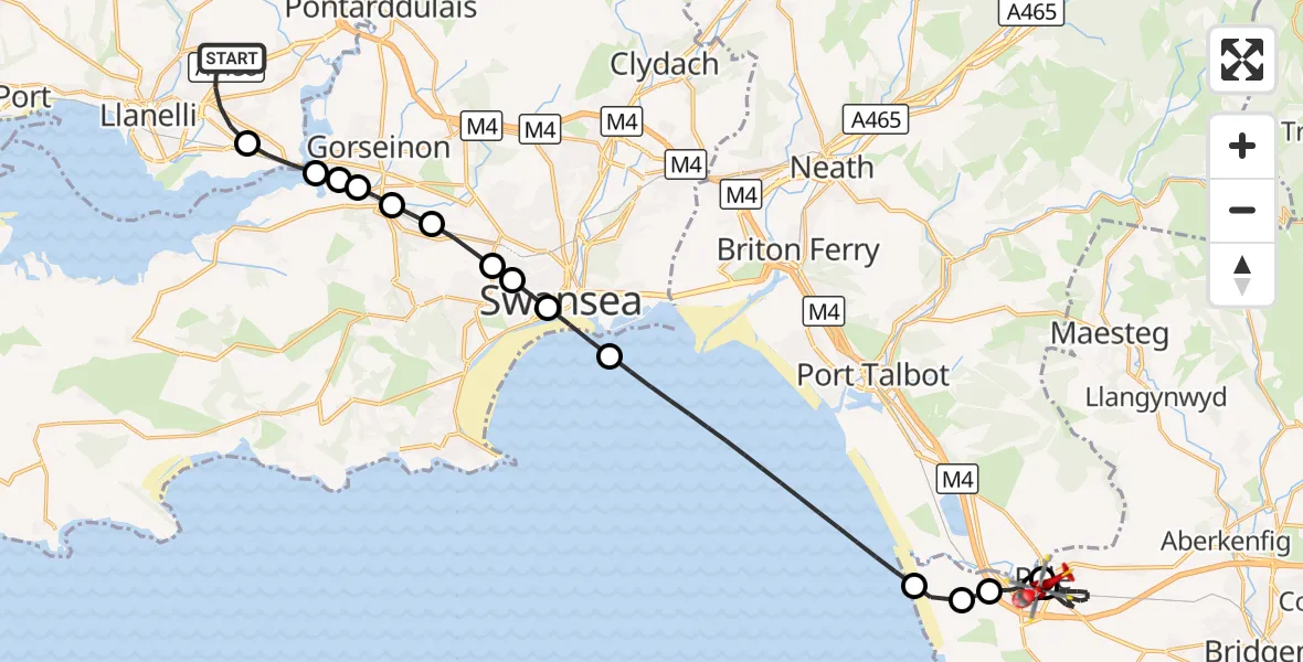 Flight route Air Ambulance Helicopter Dafen - Pyle, 15 October 2026, 15:33