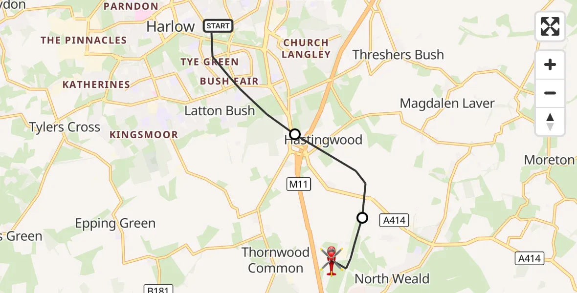 Flight route Air Ambulance Helicopter Harlow - North Weald Airfield, 15 October 2026, 15:39