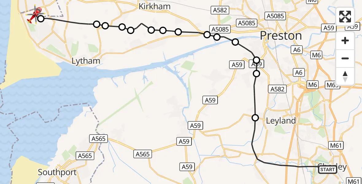 Flight route Air Ambulance Helicopter Chorley - Blackpool Airport, 15 October 2026, 15:43