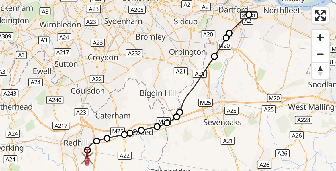 Flight route Air Ambulance Helicopter Darent Valley Hospital - Redhill Aerodrome, 15 October 2026, 15:47