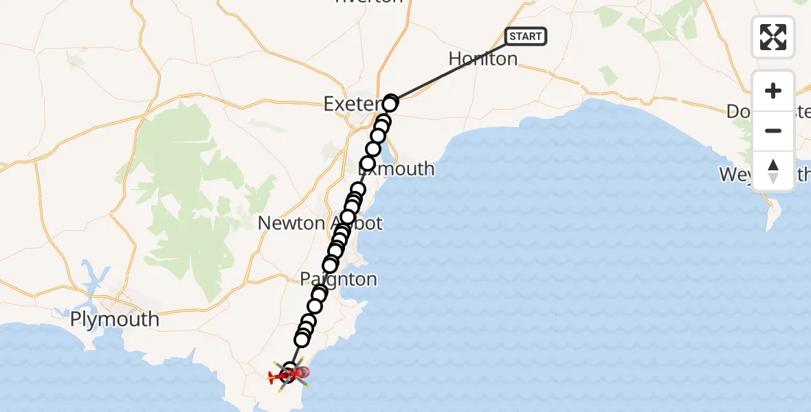 Flight route Air Ambulance Helicopter Stockland - Chillington, 15 October 2026, 16:01