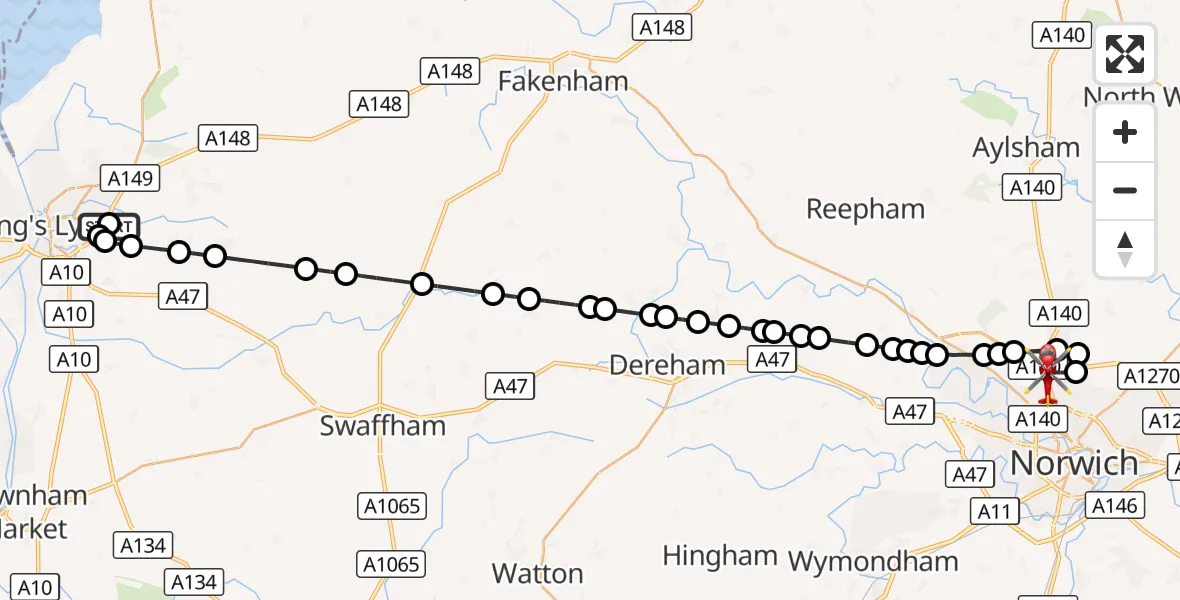 Flight route Air Ambulance Helicopter Queen Elizabeth Hospital - Norwich Airport, 15 October 2026, 16:04