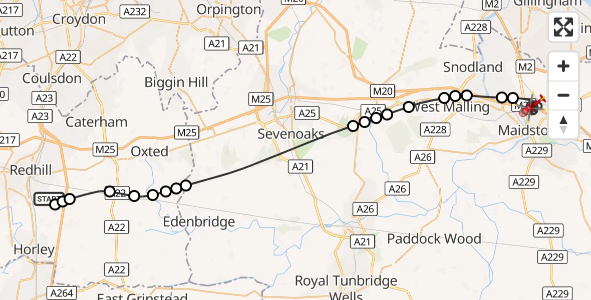 Flight route Air Ambulance Helicopter Redhill Aerodrome - Maidstone, 15 October 2026, 16:27