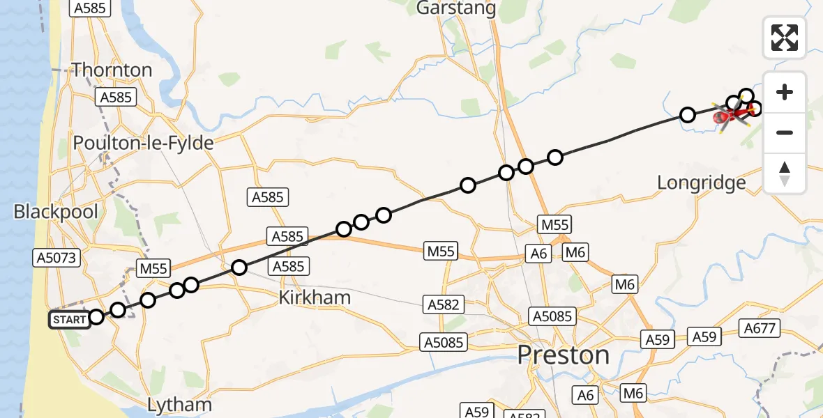 Flight route Air Ambulance Helicopter Blackpool Airport - Ribble Valley, 15 October 2026, 16:40