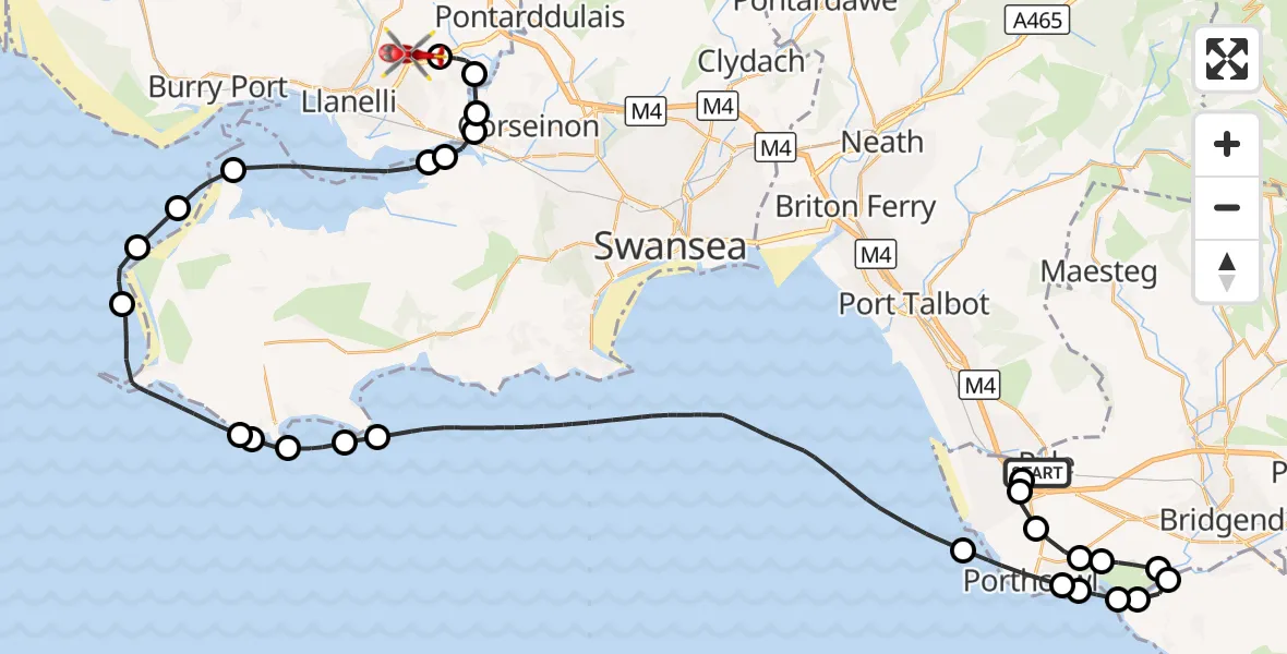 Flight route Air Ambulance Helicopter Pyle - Dafen, 15 October 2026, 16:49