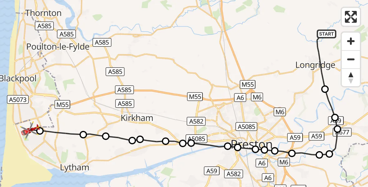 Flight route Air Ambulance Helicopter Longridge - Blackpool Airport, 15 October 2026, 17:26