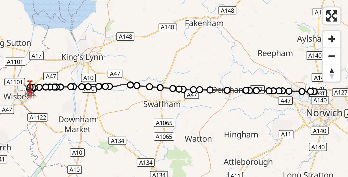 Flight route Air Ambulance Helicopter Norwich Airport - Walton Highway, 15 October 2026, 17:31