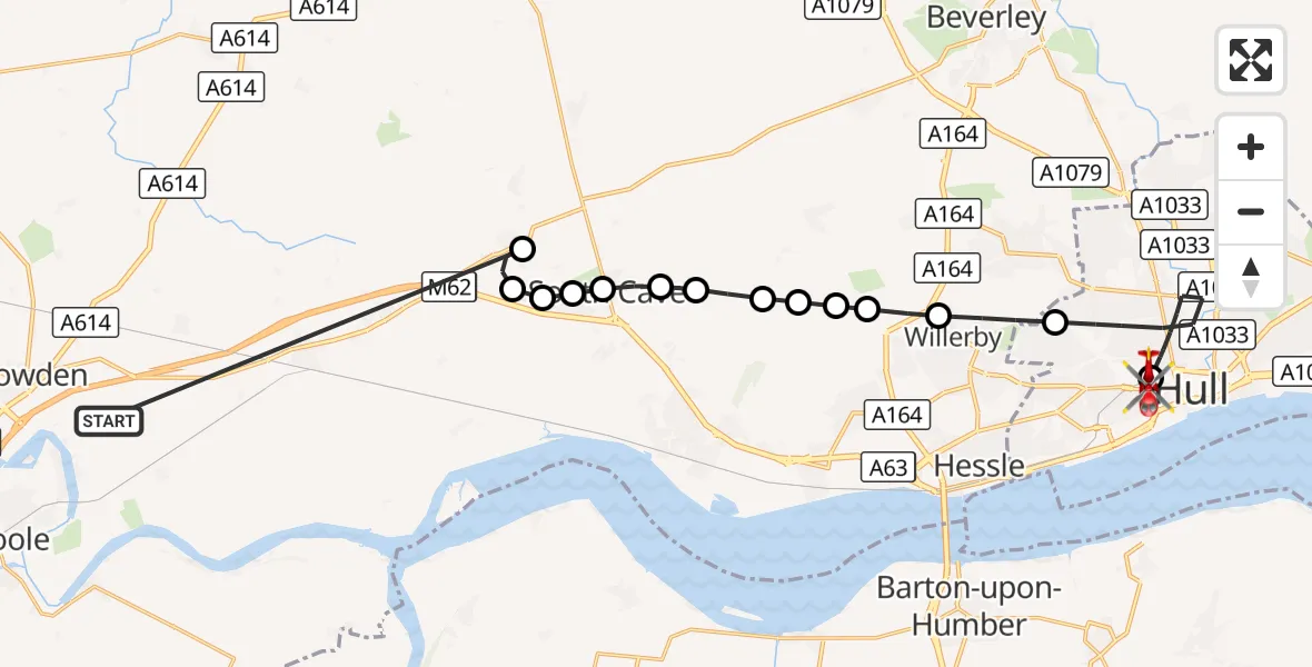 Flight route Air Ambulance Helicopter Balkholme - Hull Royal Infirmary, 15 October 2026, 17:43