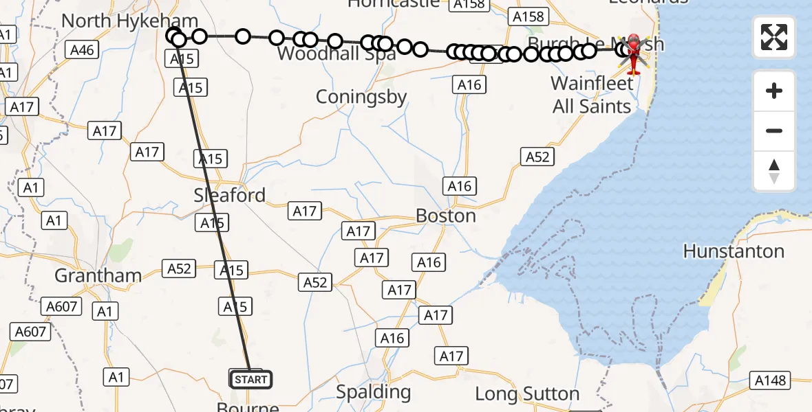 Flight route Air Ambulance Helicopter Morton - Skegness, 15 October 2026, 17:52