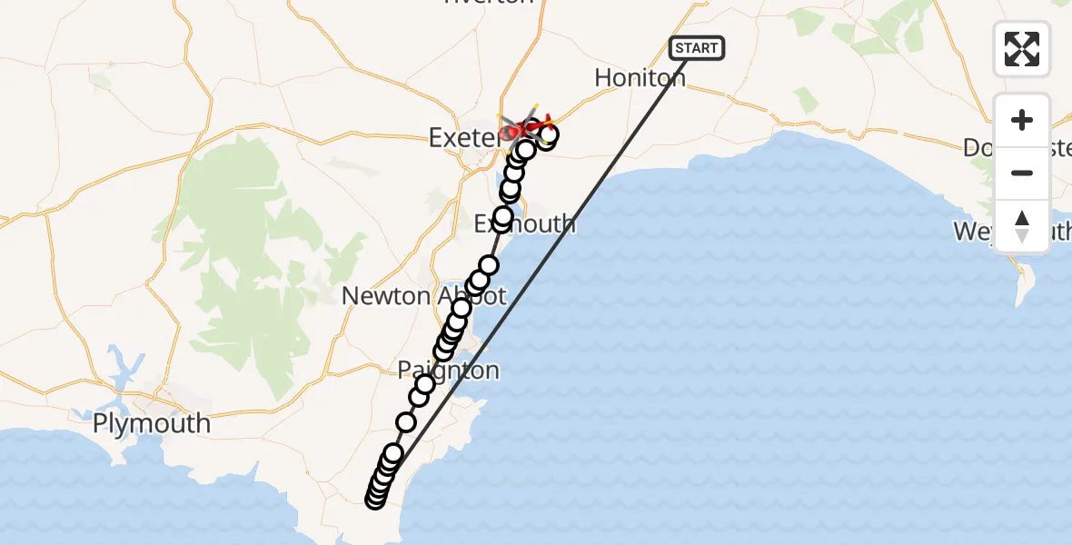 Flight route Air Ambulance Helicopter Stockland - Exeter International Airport, 15 October 2026, 18:00